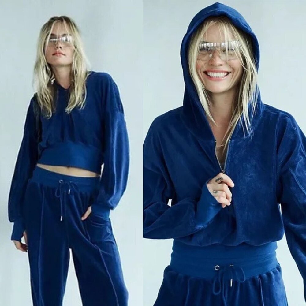 New! FP Movement by Free People Blue Lets Volley Velour Hoodie M 2405